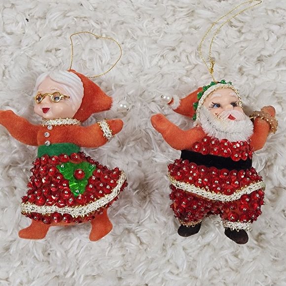 Vintage Mr & Ms Claus Christmas Tree Ornaments Beaded Sequin Felted Figures - Picture 1 of 12